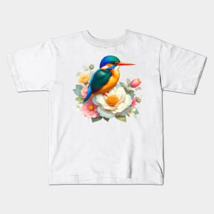 An oriental dwarf kingsfisher decorated with beautiful colorful flowers. Kids T-Shirt